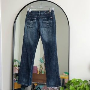 SOLD - Y2K Low Rise Contrast Stitching Dark Washed Flare Jeans